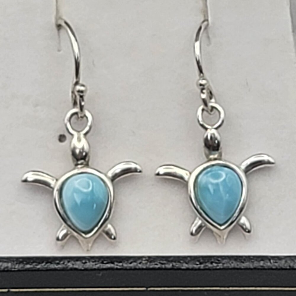 925 Sterling Silver Larimar Sea Turtle Earrings - Picture 1 of 4